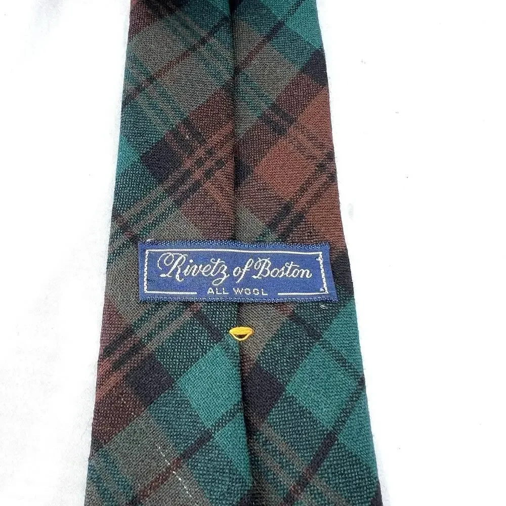 Rivetz Of Boston 100% Wool Green Brown Watch Plaid Preppy College Neck Tie Mens